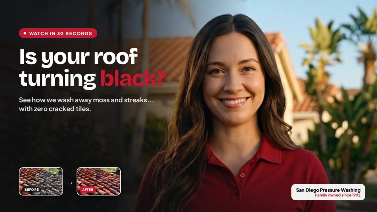 Our spokesperson in front of a clean tile roof, with a before and after of a clay tile roof
