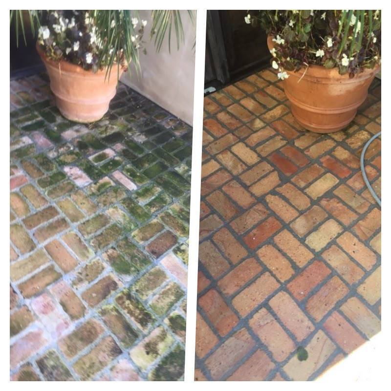 Mossy brick walkway, then clean