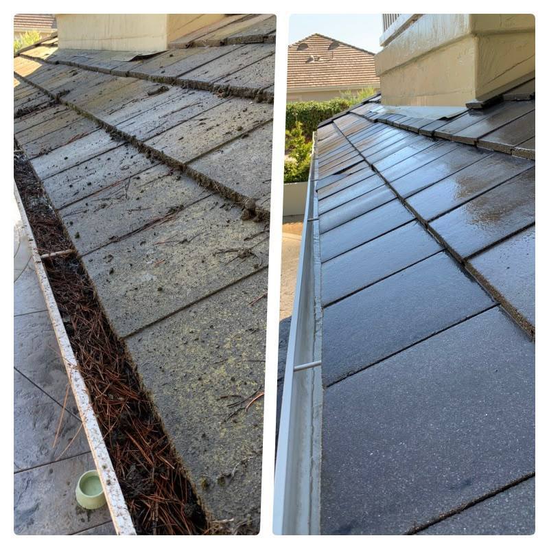 Gutter full of pine needles next to the same gutter cleaned