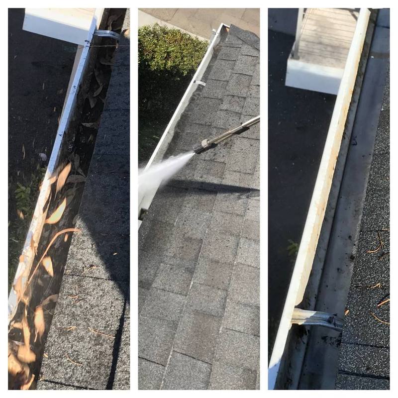 Gutter shown full of leaves, being flushed with a wand, then clean