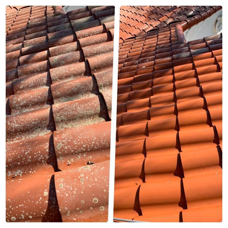Clay roof tiles covered in lichen, then clean